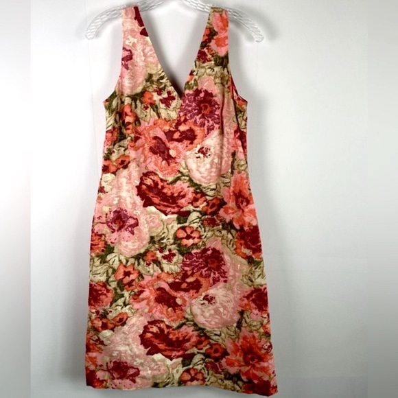 Talbots Red Pink Fall Floral V Neck Knee Length Dress 100% Cotton Pockets Sz 10 - Picture 1 of 9